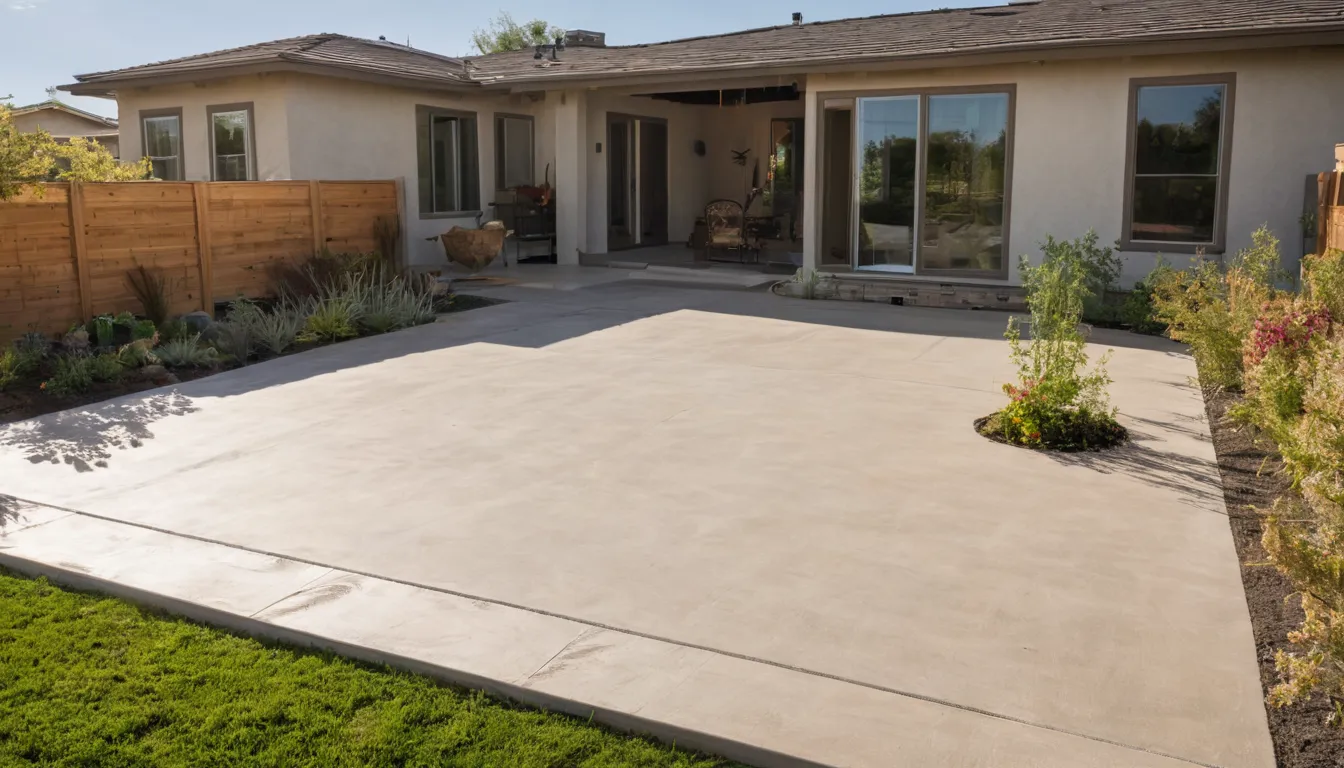 A newly poured concrete patio behind a stucco ranch home in Solana Beach, with outdoor seating set up