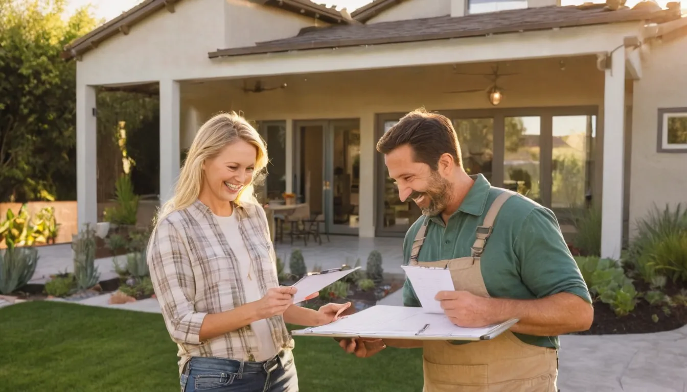 Homeowner reviewing a concrete patio plan with a local provider