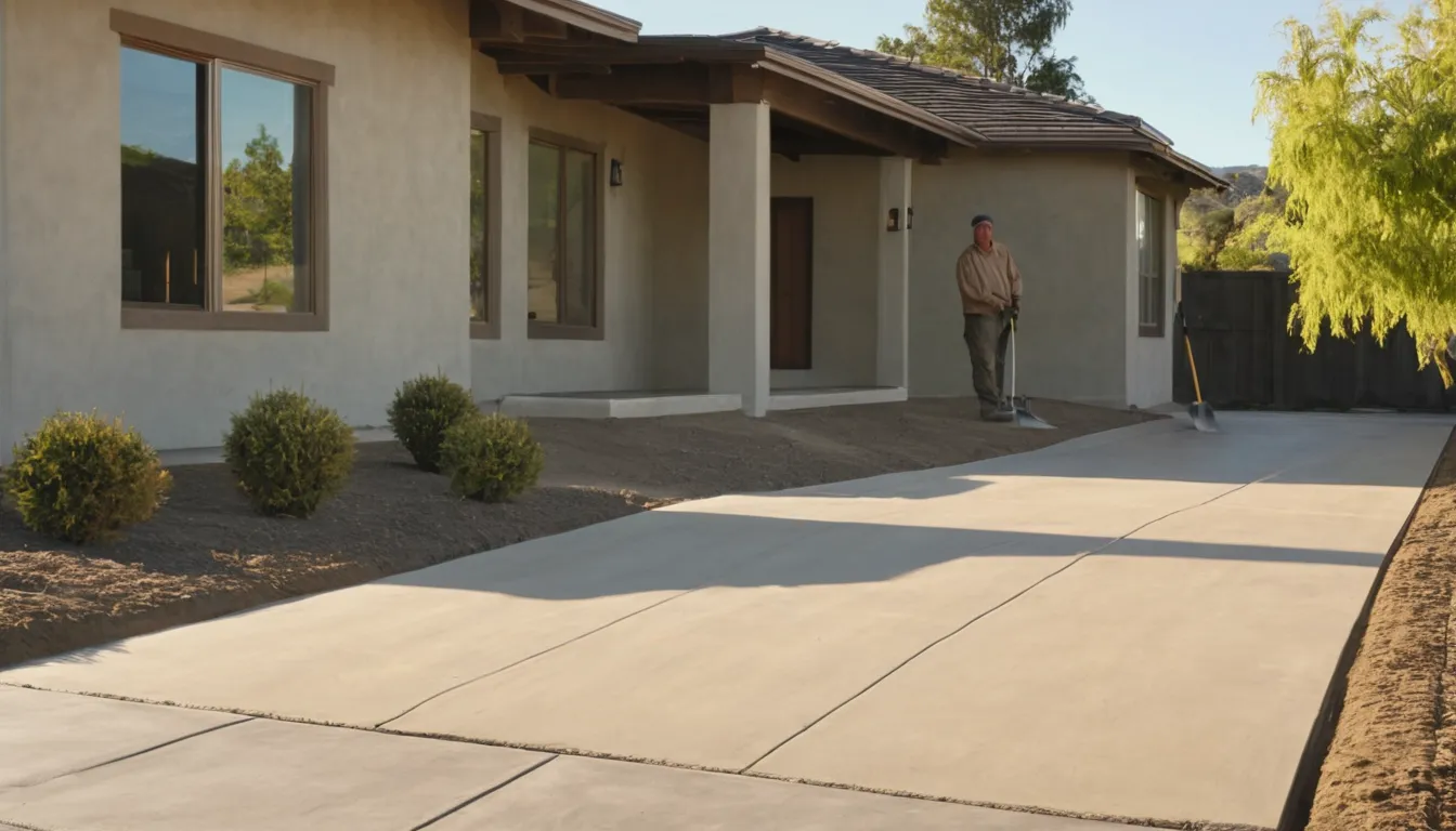A freshly poured concrete driveway in front of a stucco ranch home in Solana Beach